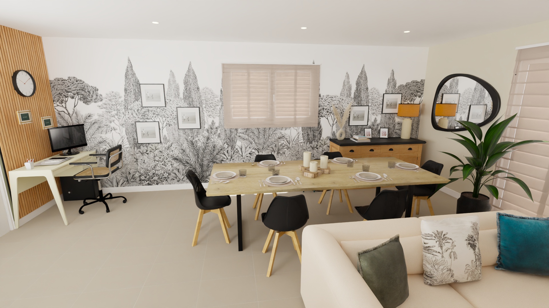 Vue 3D d'un séjour avec papier peint panoramique
