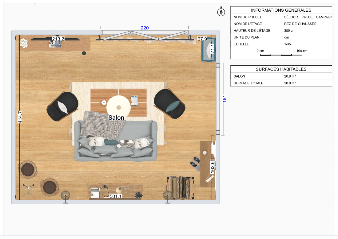 Plan 2D coté d'un salon